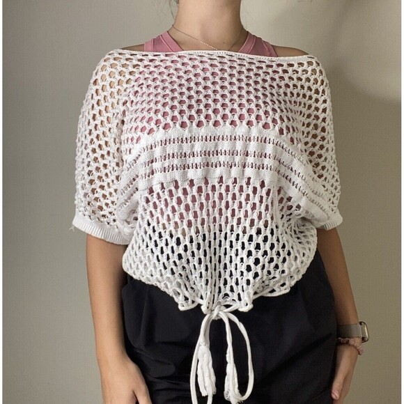 Venus White Coastal Crochet Knit Net Top Swim Cover Size Large - Picture 1 of 8